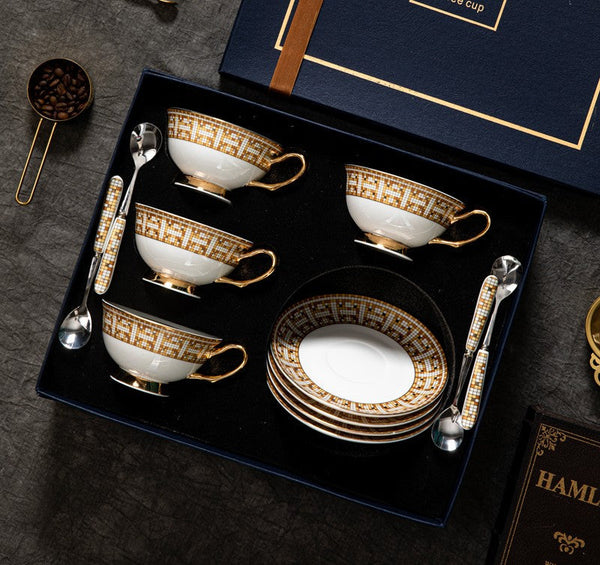 Handmade Elegant British Ceramic Coffee Cups, 6.8 oz Tea Cup and Saucer in Gift Box, Porcelain Tea Cup Set for Office, Yellow Ceramic Cups-ArtWorkCrafts.com