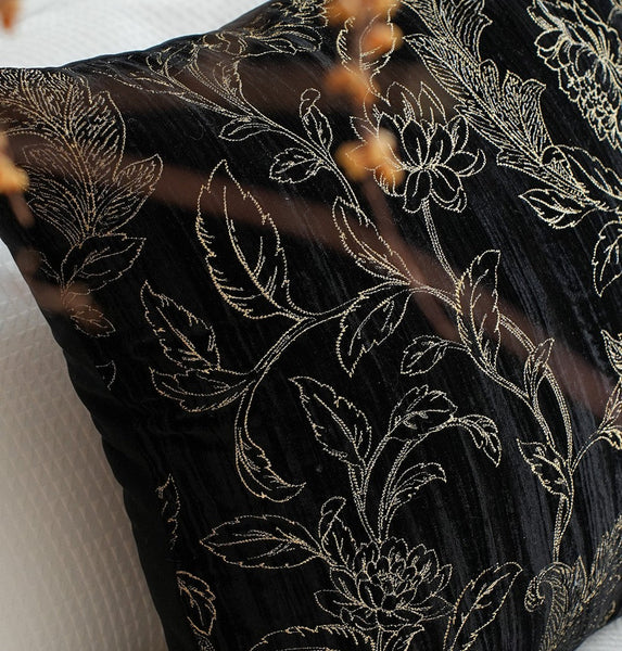 Contemporary Modern Sofa Pillows, Black Embroidery Flower Pattern Pillows for Couch, Decorative Throw Pillows for Bedroom, Large Modern Sofa Pillow for Dining Room
