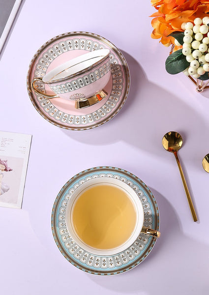 Royal Blue and Pink Bone China Porcelain Tea Cup Set, Tea Cups and Saucers in Gift Box, Elegant Ceramic Coffee Cups, Beautiful British Tea Cups-ArtWorkCrafts.com