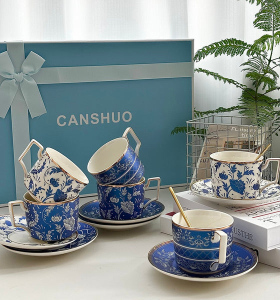 Ceramic Coffee Cup with Saucer in Gift Box, 8 oz Blue Porcelain Tea Cup and Saucer Set of 4 cups, British Traditional Afternoon Tea Cup Set with Teapot-ArtWorkCrafts.com