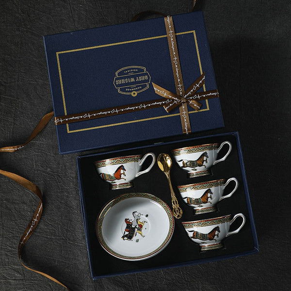 Elegant British Horse Pattern Coffee Cup with Saucer, 7.4 oz Ceramic Tea Cup and Saucer in Gift Box, Porcelain Tea Cup and Saucer Set-ArtWorkCrafts.com