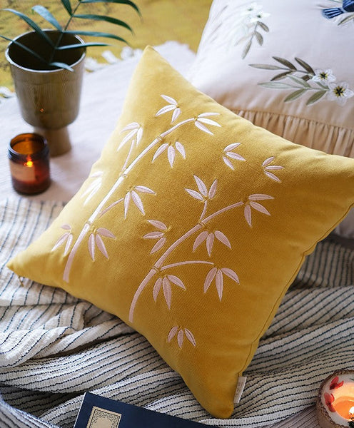 Decorative Pillow Arrangement Ideas for Couch, Large Decorative Pillows for Couch, Modern Throw Pillows for Bedroom, Living Room Decorative Pillows, Yellow Embroidered Bamboo Cushion-ArtWorkCrafts.com