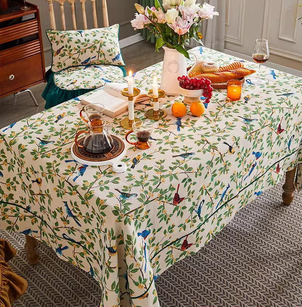 Large Modern Rectangle Tablecloth for Dining Room Table, Bird Flower Pattern Farmhouse Table Cloth, Square Tablecloth for Round Table-ArtWorkCrafts.com