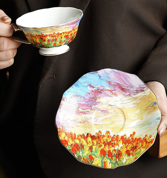Elegant Ceramic Coffee Cups, Flower Field Vintage Porcelain Tea Cup Saucer Set, Unique British Tea Cup and Saucer in Gift Box, Royal Ceramic Cups-ArtWorkCrafts.com