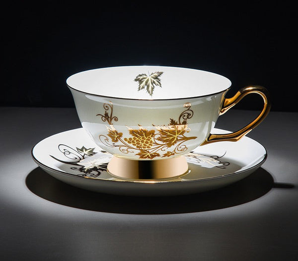 Golden Leaves and Grapes Porcelain Tea Cup Saucer Set, 7.4 oz British Tea Cup and Saucer in Gift Box, Elegant British Ceramic Coffee Cups-ArtWorkCrafts.com