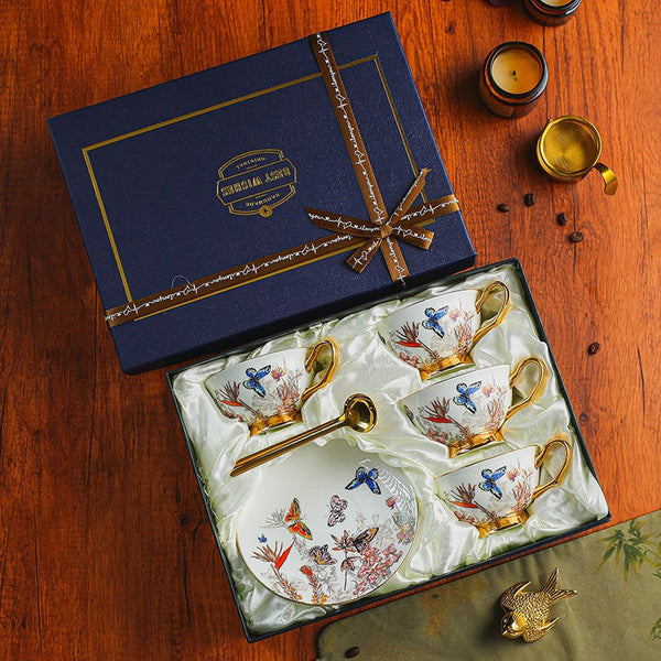 Ceramic Coffee Cups in Gift Box, Butterfly Pattern Porcelain Tea Cup and Saucer Set, British Traditional Afternoon Tea Cup and Saucer Set-ArtWorkCrafts.com