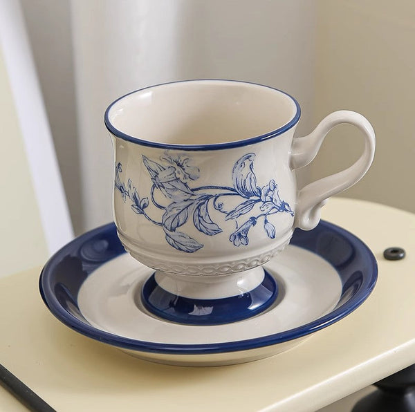 Creative Blue Coffee Cup and Saucer, Elegant Ceramic Cups for Afternoon Tea, Creative Porcelain Tea Cup Set, Beautiful British Tea Cups-ArtWorkCrafts.com