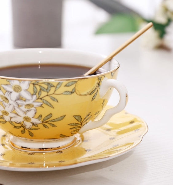Creative Yellow Ceramic Coffee Cups, Unique Flower Coffee Cup and Saucer, Beautiful British Tea Cups, Creative Porcelain Tea Cup Set-ArtWorkCrafts.com