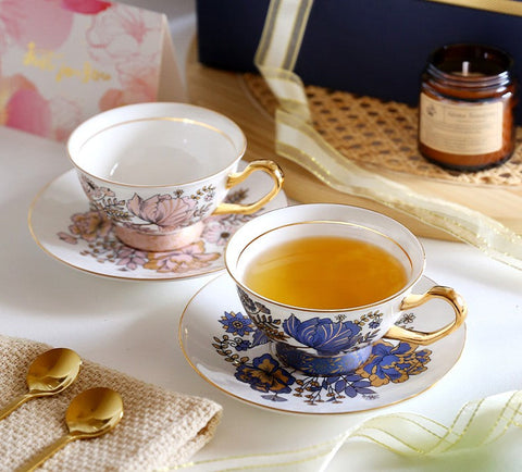 Elegant Ceramic Coffee Cups, Afternoon British Tea Cups, Unique Iris Flower Tea Cups and Saucers in Gift Box, Royal Bone China Porcelain Tea Cup Set-ArtWorkCrafts.com