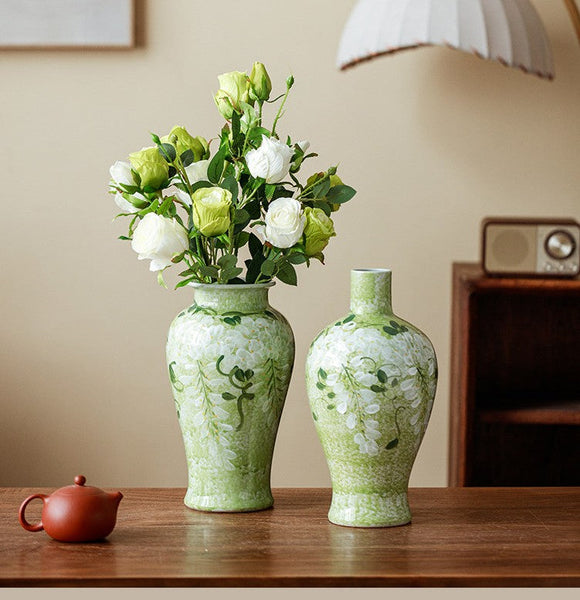 Large Flower Vases on Table, Green Porcelain Flower Vases, Centerpiece Ceramic Bud Vases, Handmade Water Holding Flower Vase-ArtWorkCrafts.com