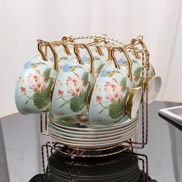 Lotus Flower Bone China Porcelain Tea Cup Set, Unique British Tea Cup and Saucer in Gift Box, Elegant British Ceramic Coffee Cups-ArtWorkCrafts.com