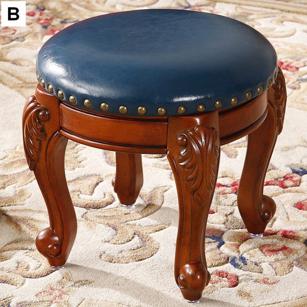 Solid Wood Ottoman, Rubberwood Entry Bench, Vanity Stool, Genuine Leather Solid Wood Entry Bench, Vintage Round Stool-ArtWorkCrafts.com
