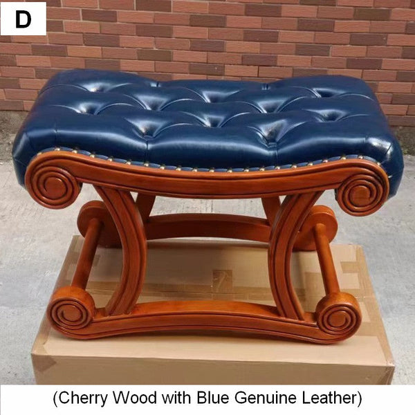 Vintage Leather Stool, Genuine Leather Solid Wood Entry Bench, Cherry Wood Footstool, Long Bench, Vanity Stool, Dressing Table Stool-ArtWorkCrafts.com