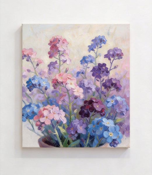 Original Small Canvas Artwork, Purple and Blue Forget-me-nots Blooming Wild, Buy Small Artwork Online, Original Flower Paintings, Hand Painted Canvas Artwork, Still Life Painting-ArtWorkCrafts.com