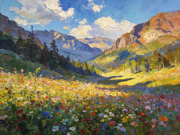 Small Landscape Paintings, Mountain Meadow in Bloom, A Lush Floral Landscape, Original Wall Paintings, Original Artwork Small Paintings, On Canvas Small Wall Paintings, Hand Painted Canvas Art-ArtWorkCrafts.com