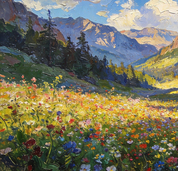 Small Landscape Paintings, Mountain Meadow in Bloom, A Lush Floral Landscape, Original Wall Paintings, Original Artwork Small Paintings, On Canvas Small Wall Paintings, Hand Painted Canvas Art-ArtWorkCrafts.com