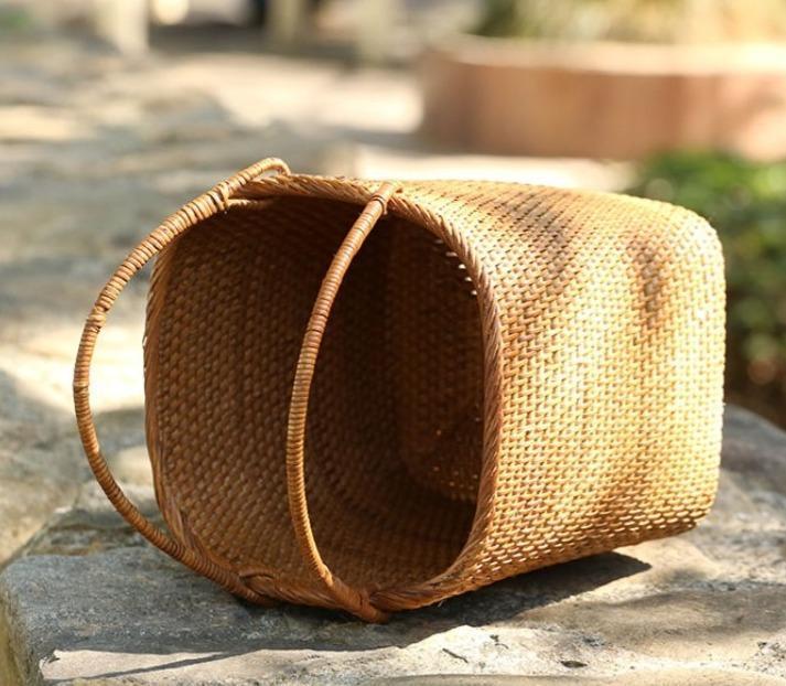Woven Rattan Storage Basket with Handle, Storage Basket for Picnic, Fruit Storage Basket, Kitchen Storage Basekt-ArtWorkCrafts.com