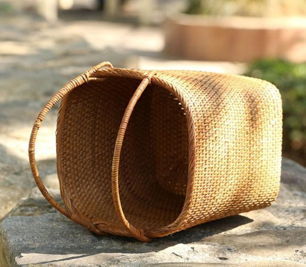 Woven Rattan Storage Basket with Handle, Storage Basket for Picnic, Fruit Storage Basket, Kitchen Storage Basekt-ArtWorkCrafts.com