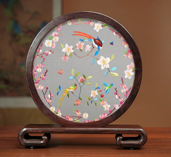 Flower and Birds Silk Embroidery Ornaments, Exclusive Business Presents, Creative Birthday Gift, Premium Souvenir, Traditional Chinese Suzhou Silk Embroidery-ArtWorkCrafts.com