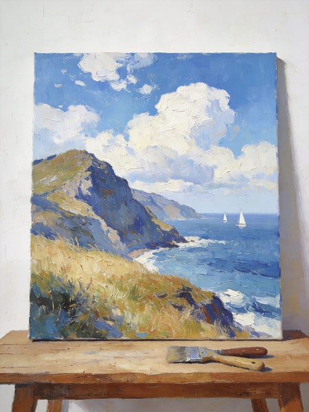 Original Landscape Paintings, Sails Beneath the Cliffside Clouds, Hand Painted Canvas Art, Small Canvas Wall Art Paintings, Buy Small Paintings Online, Original Oil Paintings-ArtWorkCrafts.com
