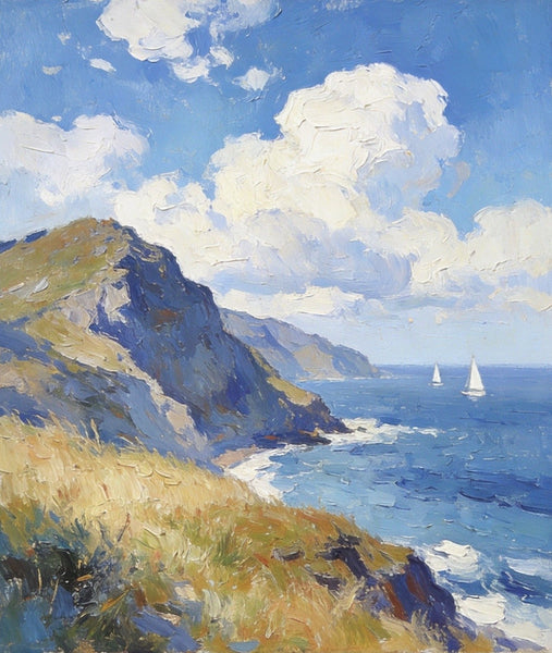 Original Landscape Paintings, Sails Beneath the Cliffside Clouds, Hand Painted Canvas Art, Small Canvas Wall Art Paintings, Buy Small Paintings Online, Original Oil Paintings-ArtWorkCrafts.com