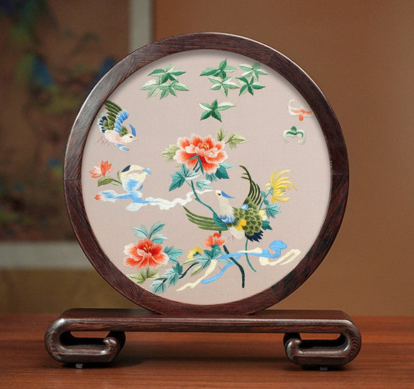 Exclusive Business Presents, Flower and Birds Silk Embroidery Ornaments, Creative Birthday Gift, Premium Souvenir, Traditional Chinese Suzhou Silk Embroidery-ArtWorkCrafts.com