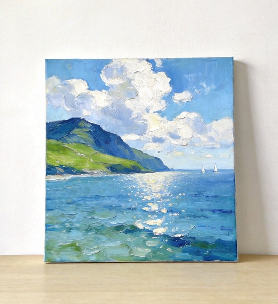 Bright Shoreline of the Blue Coast, Original Landscape Paintings, Original Oil Paintings, Hand Painted Canvas Art, Small Canvas Wall Art Paintings, Buy Small Paintings Online-ArtWorkCrafts.com