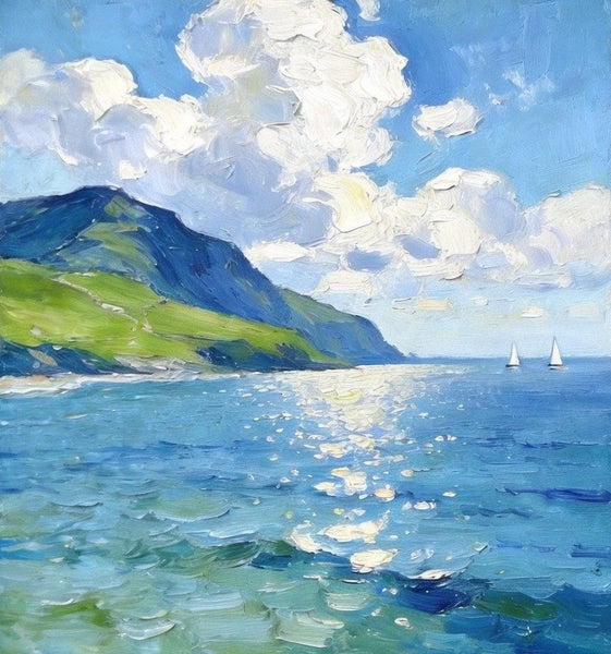 Bright Shoreline of the Blue Coast, Original Landscape Paintings, Original Oil Paintings, Hand Painted Canvas Art, Small Canvas Wall Art Paintings, Buy Small Paintings Online-ArtWorkCrafts.com