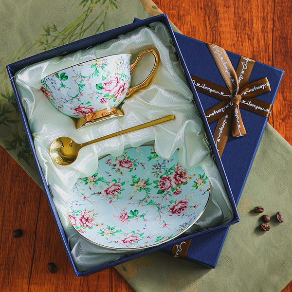 Porcelain Tea Cup and Saucer Set, Elegant British Ceramic Coffee Cup with Saucer, Floral British Tea Cup and Saucer in Gift Box-ArtWorkCrafts.com