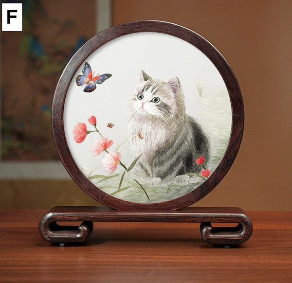 Unique Birthday Gift, Traditional Chinese Suzhou Kitten Embroidery Ornament, Lovely Kitty Cat Embroidered Decor, Premium Souvenir, Exclusive Business Present-ArtWorkCrafts.com