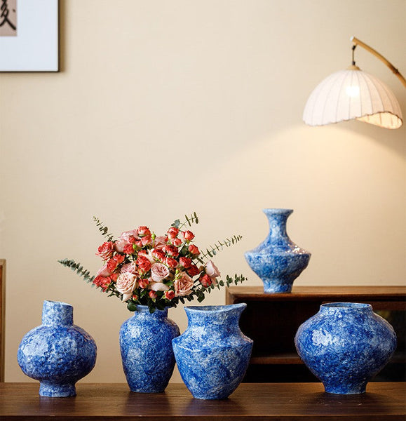 Modern Pottery Flower Vases, Handmade Water Holding Flower Vases, Centerpiece on Dining Table, Blue Pottery Bud Vases, Large Flower Vases on Table-ArtWorkCrafts.com