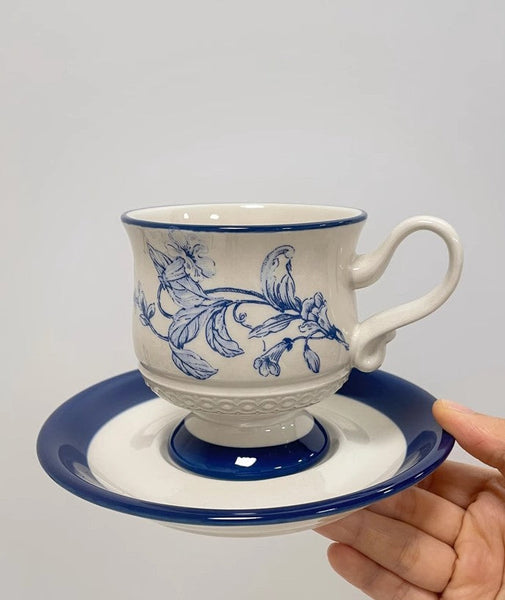Creative Blue Coffee Cup and Saucer, 8 oz Ceramic Cups for Traditional Afternoon Tea, Creative Porcelain Tea Cup Saucer Set, Beautiful British Tea Cups-ArtWorkCrafts.com