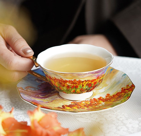 Elegant Ceramic Coffee Cups, Flower Field Vintage Bone China Porcelain Tea Cup Set, Unique British Tea Cup and Saucer in Gift Box, Royal Ceramic Cups-ArtWorkCrafts.com