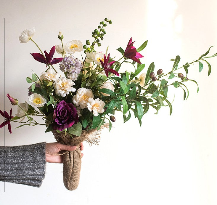 Clematis, Olive Branch, Sweet Alyssum, Corn poppy, Cranberry, Iceberg Rose Flowers, Unique Flower Arrangement for Home Decoration, Beautiful Artificial Flowers for Living Room-ArtWorkCrafts.com