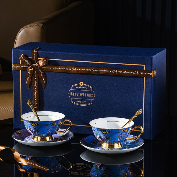 Blue Bird and Butterfly Porcelain Tea Cup Saucer Set, 7.4 oz British Tea Cup and Saucer in Gift Box, Elegant British Ceramic Coffee Cups-ArtWorkCrafts.com