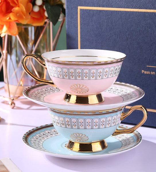 Royal Blue and Pink Bone China Porcelain Tea Cup Set, Tea Cups and Saucers in Gift Box, Elegant Ceramic Coffee Cups, Beautiful British Tea Cups-ArtWorkCrafts.com