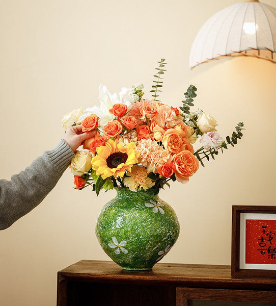 Modern Pottery Flower Vases, Centerpiece on Dining Table, Handmade Water Holding Flower Vases, Pottery Bud Vases, Large Green Flower Vases on Table-ArtWorkCrafts.com