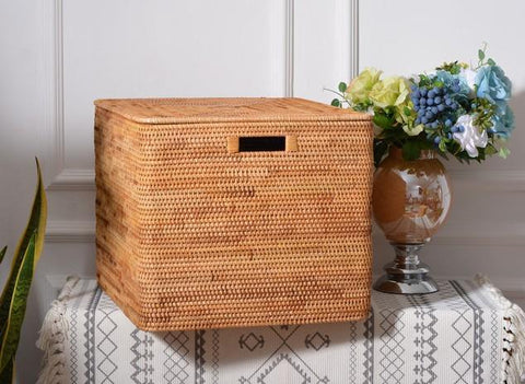 Extra Large Rattan Storage Baskets for Clothes, Rectangular Storage Basket with Lid, Kitchen Storage Baskets, Oversized Storage Baskets for Bedroom-ArtWorkCrafts.com