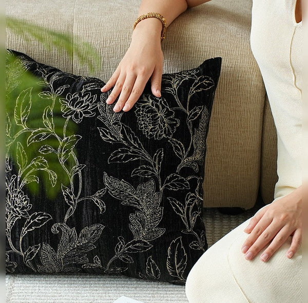 Contemporary Modern Sofa Pillows, Black Embroidery Flower Pattern Pillows for Couch, Decorative Throw Pillows for Bedroom, Large Modern Sofa Pillow for Dining Room