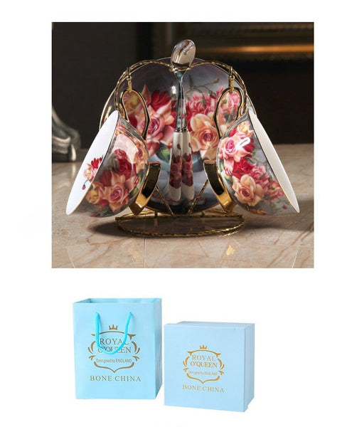 Ceramic Tea Cups and Saucers in Gift Box, Rose Flower Royal Bone China Porcelain Tea Cup Set, Elegant Ceramic Coffee Cups, Beautiful British Tea Cups-ArtWorkCrafts.com