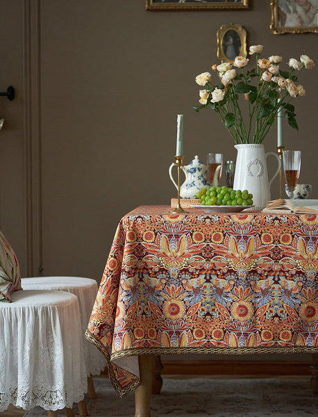 Flower Pattern Tablecloth, Square Tablecloth for Round Table, Large Cotton Rectangle Tablecloth for Home Decoration, Farmhouse Table Cloth Dining Room Table-ArtWorkCrafts.com