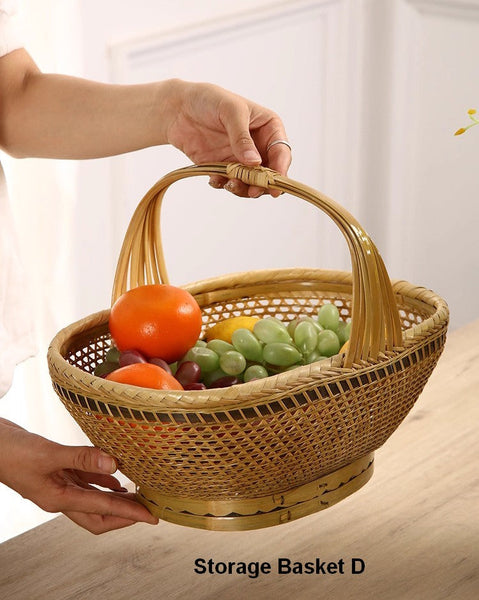 Natural Hand-woven Bamboo Basket, Extra Large Picnic Food Basket with Handle, Lovely Bamboo Baskets for Vegetable, Natural Fruit Basket Kitchen Storage Baskets-ArtWorkCrafts.com