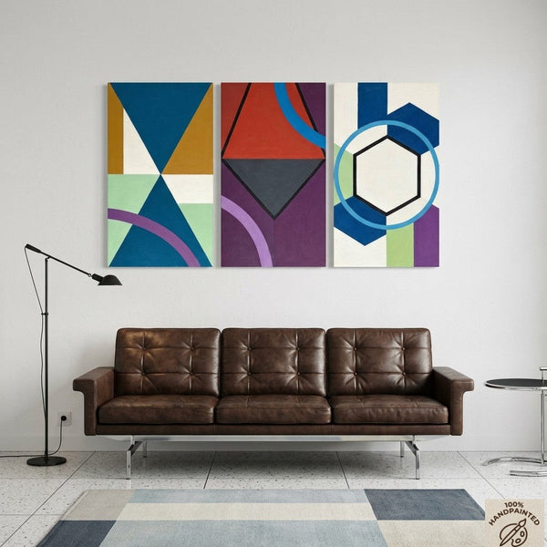 Geometric Abstract Paintings for Modernism Living Room Decor, Multi Panel Canvas Art, Extra Large Group Paintings, Hand Painted Artwork