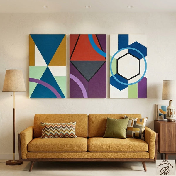 Geometric Abstract Paintings for Modernism Living Room Decor, Multi Panel Canvas Art, Extra Large Group Paintings, Hand Painted Artwork