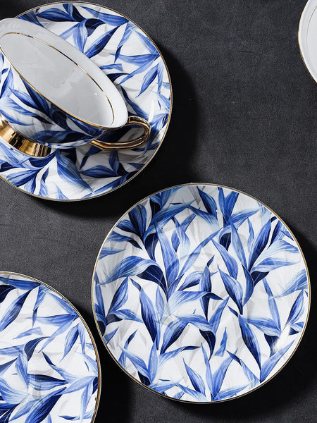 Unique British Tea Cup and Saucer in Gift Box, Blue Porcelain Tea Cup Saucer Set, 7.4 oz British Ceramic Coffee Cups-ArtWorkCrafts.com