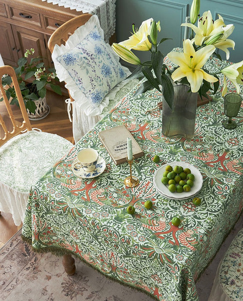 Green Flower Pattern Tablecloth for Home Decoration, Large Square Tablecloth for Round Table, Extra Large Rectangle Tablecloth for Dining Room Table-ArtWorkCrafts.com