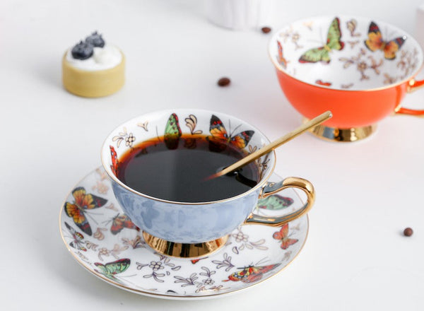 Unique Butterfly Coffee Cups and Saucers, Creative Butterfly Ceramic Coffee Cups, Beautiful British Tea Cups, Creative Bone China Porcelain Tea Cup Set-ArtWorkCrafts.com
