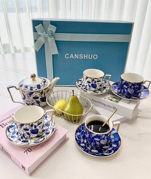 Unique British Traditional Afternoon Tea Cup Set with Teapot, 8 oz Ceramic Coffee Cup with Saucer Set of 4 cups in Gift Box, Blue Porcelain Tea Cup and Saucer Set-ArtWorkCrafts.com
