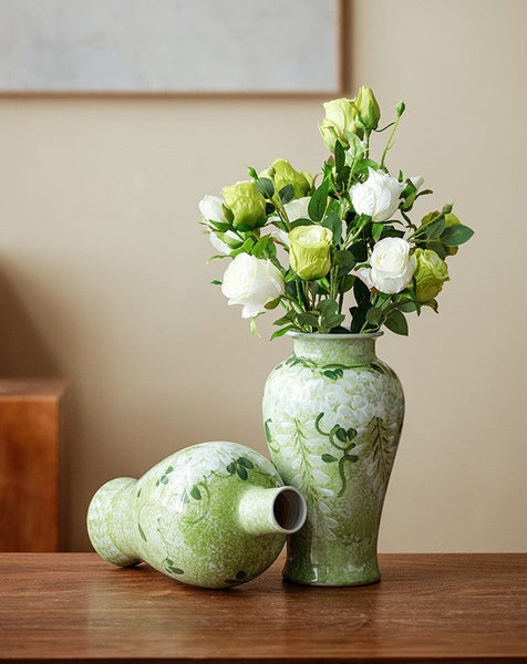 Large Flower Vases on Table, Green Porcelain Flower Vases, Centerpiece Ceramic Bud Vases, Handmade Water Holding Flower Vase-ArtWorkCrafts.com