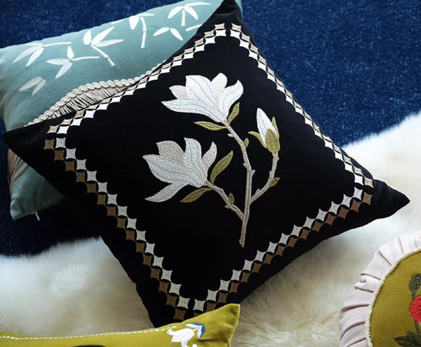Magnolia Embroidered Cushion, Decorative Pillow Arrangement Ideas for Couch, Large Decorative Pillows for Couch, Modern Throw Pillows for Bedroom, Living Room Decorative Pillows-ArtWorkCrafts.com